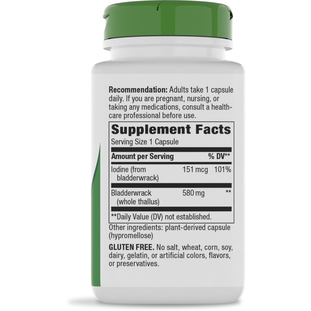 NW716 | Back of white supplement bottle showing recommendation and caution text and Supplement Facts listing Iodine 151 mcg and Bladderwrack 580 mg - Thumbnail