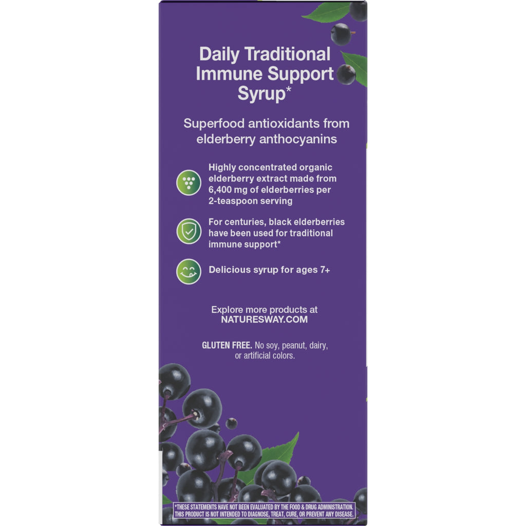 NW808 | Back panel of purple elderberry syrup box reading Daily Traditional Immune Support Syrup with ingredient highlights and berries image - Thumbnail