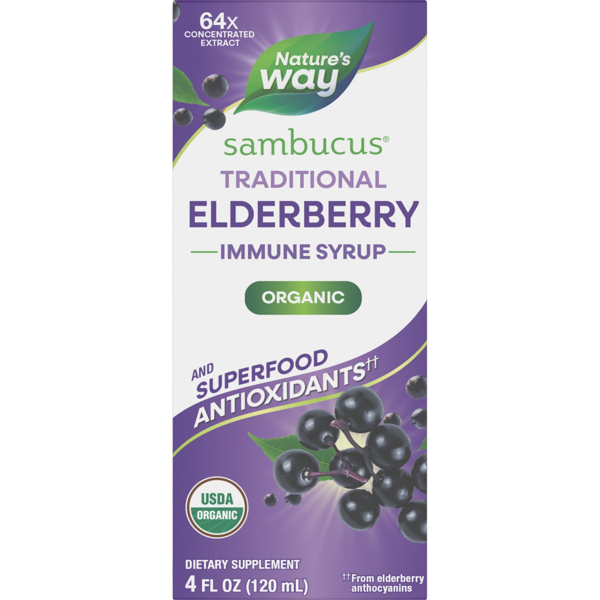 NW808 | Nature's Way Sambucus traditional immune syrup box front, organic elderberry extract, 4 fl oz