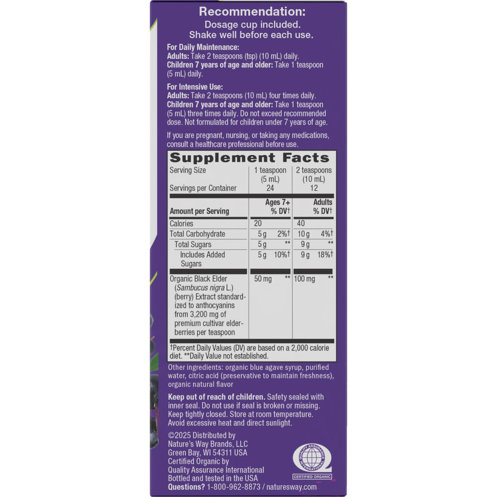 NW808 | Back label showing dosage recommendations and Supplement Facts panel with serving size, calories, total sugars, and organic black elder extract - Thumbnail