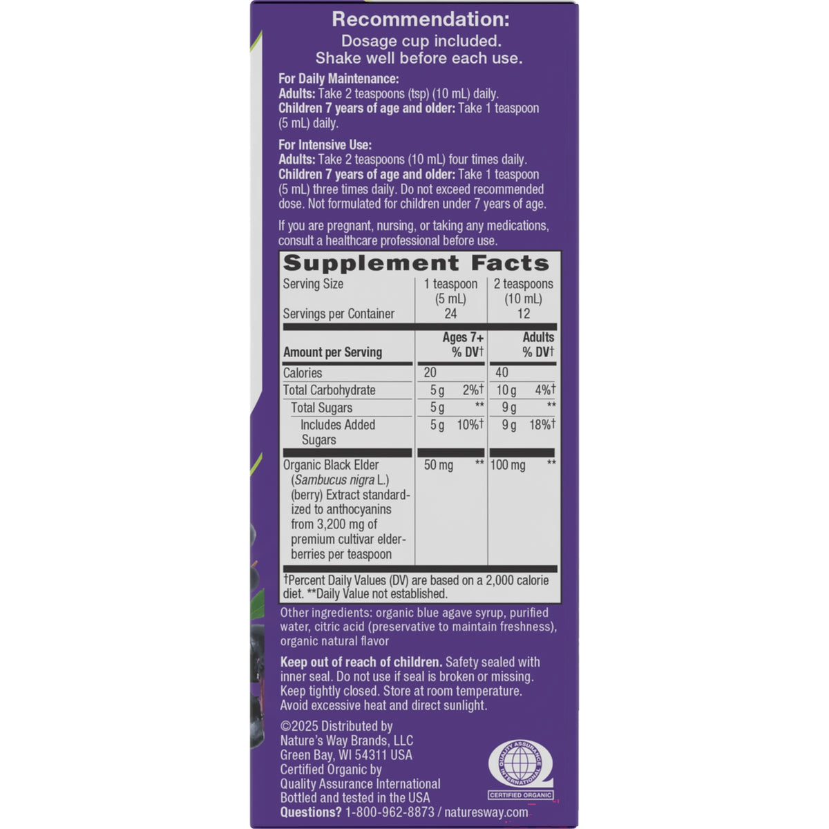 NW808 | Back label showing dosage recommendations and Supplement Facts panel with serving size, calories, total sugars, and organic black elder extract