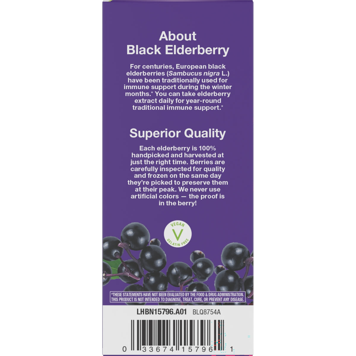 NW808 | Purple product infographic panel titled About Black Elderberry with Superior Quality text, vegan seal and elderberry images