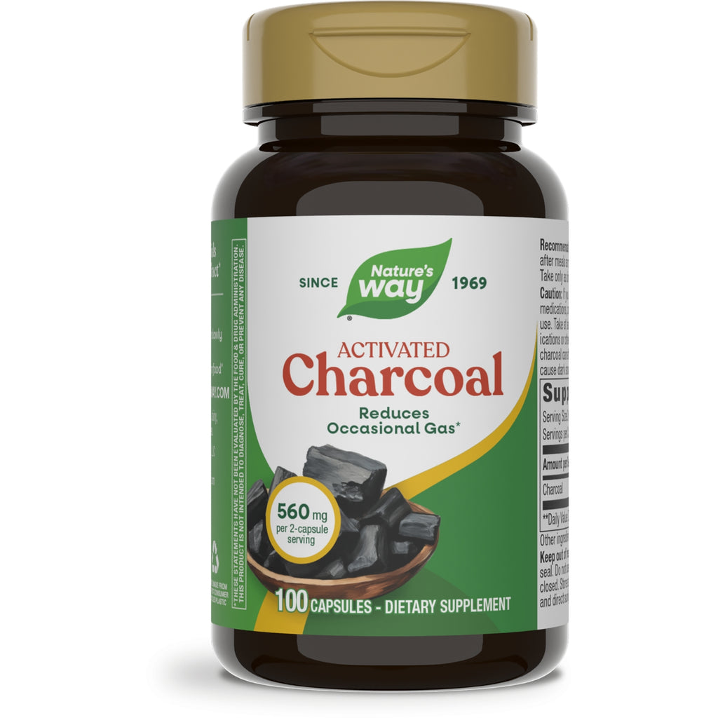 NW380 | Nature's Way Activated Charcoal 100 capsules bottle front label with Plant Powered badge - Thumbnail