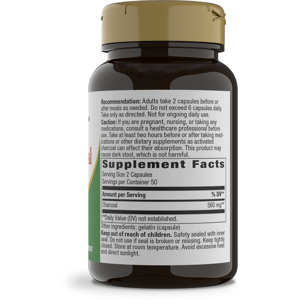 NW380 | Back label of dark supplement bottle showing recommendation text and Supplement Facts listing charcoal 560 mg - Thumbnail