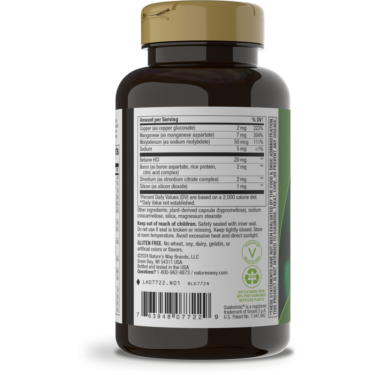 ET146 | back label of dark supplement bottle showing supplement facts panel, barcode, and certification icons