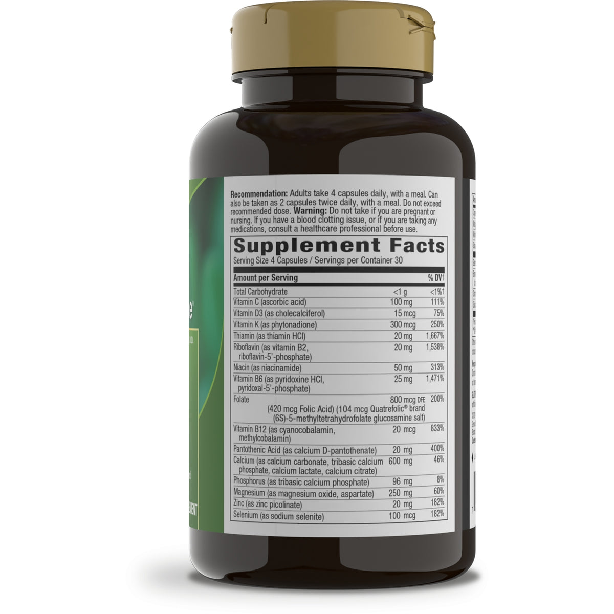 ET146 | Supplement Facts panel and directions on back of brown supplement bottle