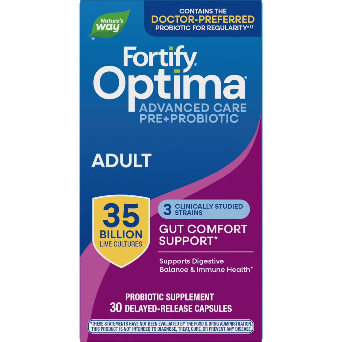 NW642 | Nature's Way Optima Probiotic Fortify box front showing 35 billion, 15 diverse strains, 30 delayed-release capsules