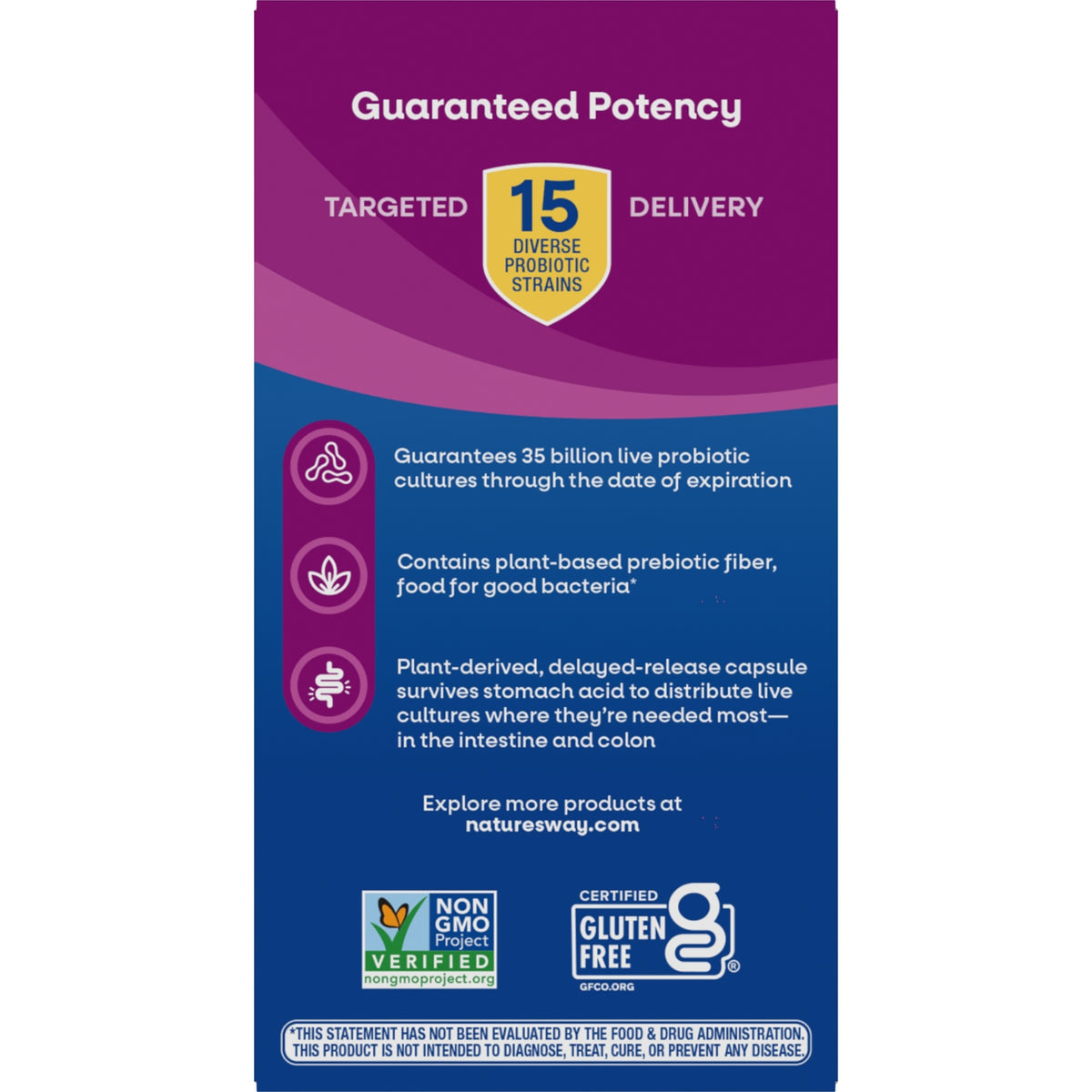 NW642 | back panel stating Advanced Care formula with 35 Billion live cultures, benefits and Non-GMO and Gluten Free logos