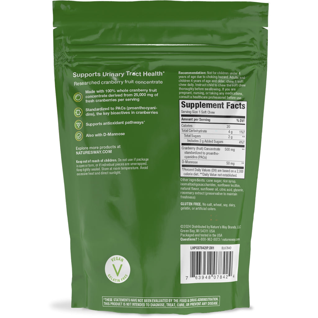 Back of ActiFruit cranberry fruit chew pouch showing Supplement Facts panel, ingredient text, and barcode - Thumbnail