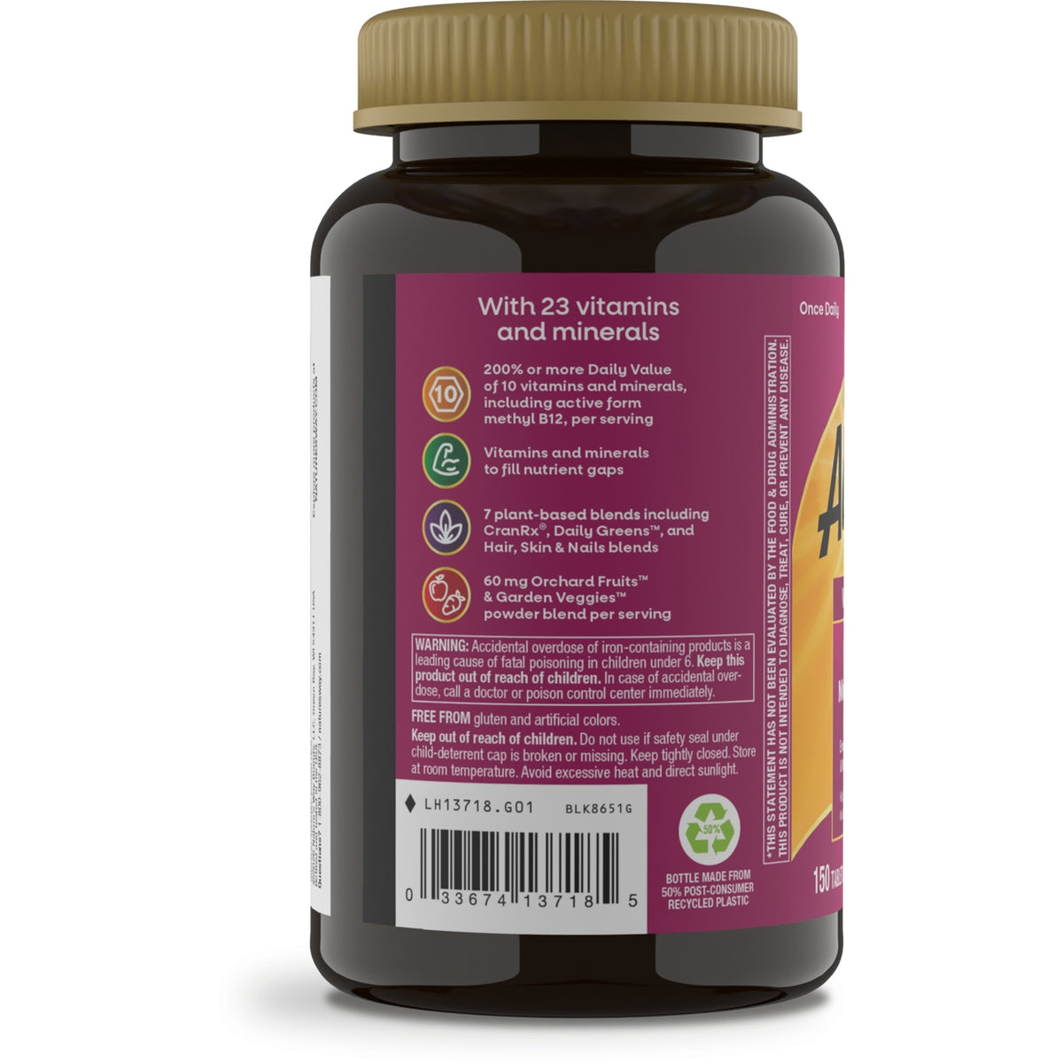NW1047 | Back of brown supplement bottle showing label with benefits icons, warnings and barcode