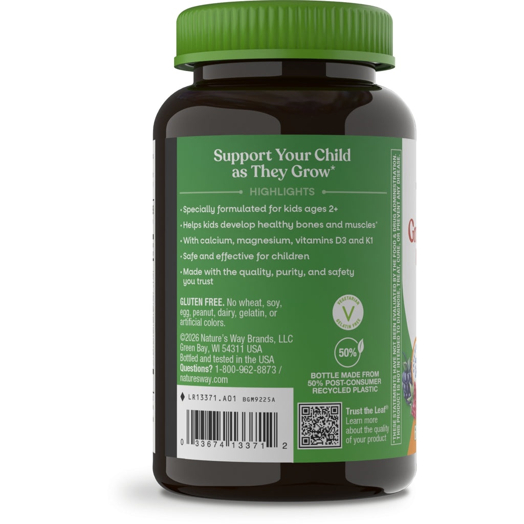 NW1009 | Back of children's supplement bottle label showing support message, benefits, gluten free claim and barcode - Thumbnail