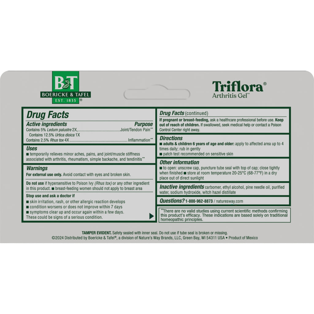 BRK003 | Back of Triflora Arthritis Gel box showing Drug Facts panel with active ingredients, directions and warnings - Thumbnail