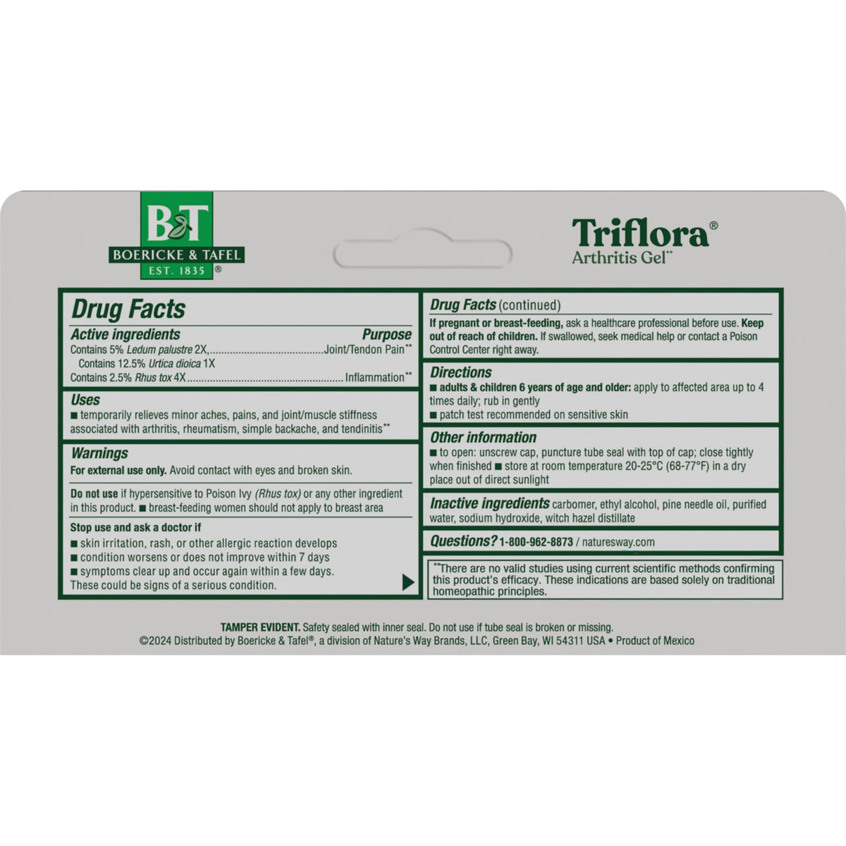 BRK003 | Back of Triflora Arthritis Gel box showing Drug Facts panel with active ingredients, directions and warnings