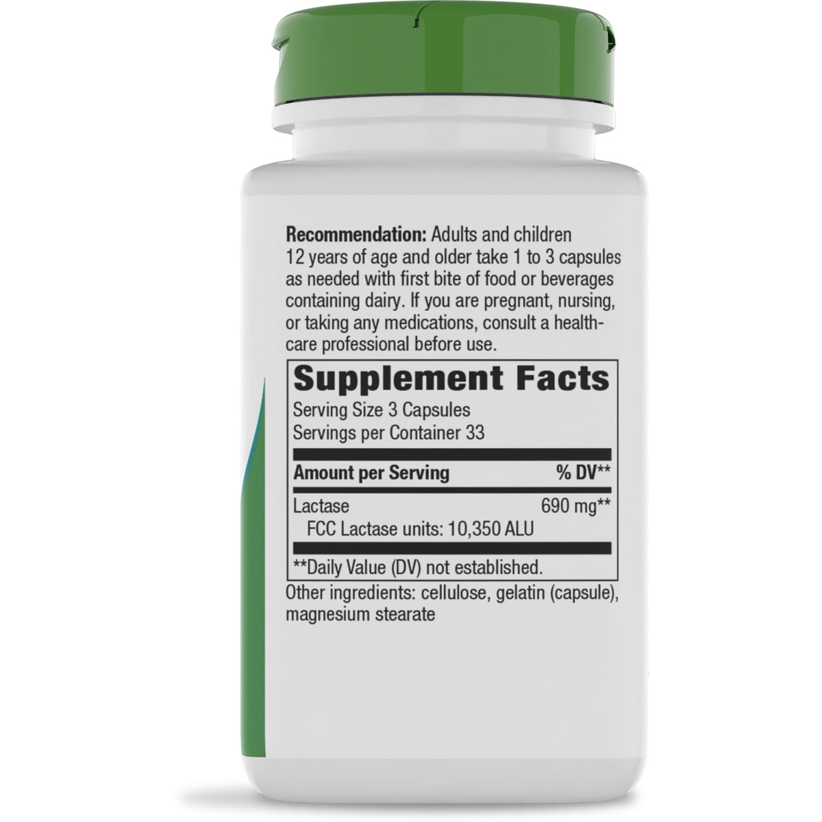 NW384 | Back of supplement bottle showing Supplement Facts panel with serving size and lactase 690 mg