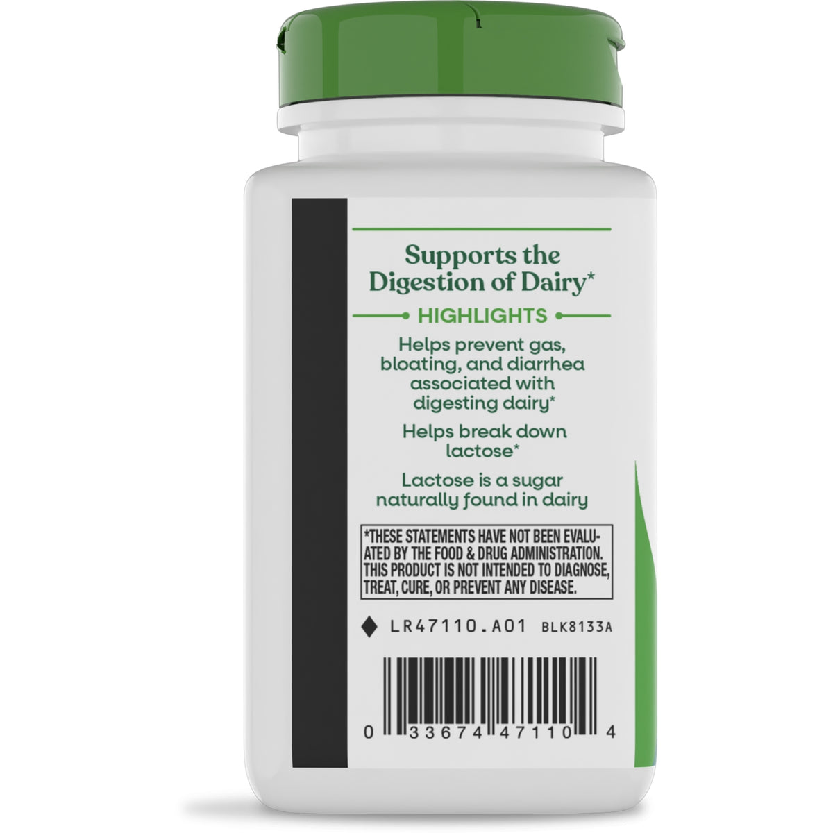 NW384 | Back label of brown supplement bottle reading Supports the Digestion of Dairy with usage info, warnings, and barcode
