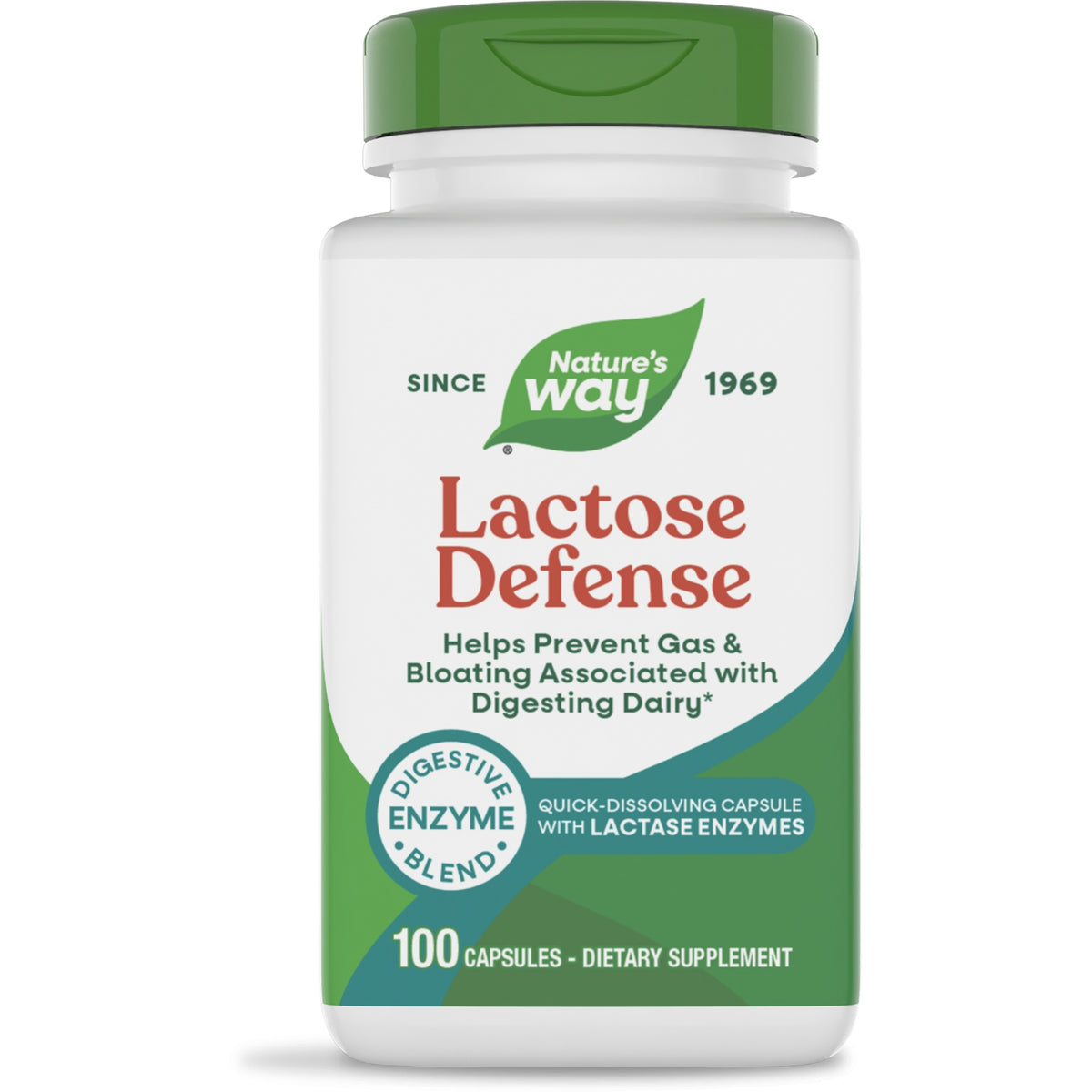 NW384 | Nature's Way Lactose Defense digestive enzymes bottle, front label reading LACTOSE DEFENSE, 100 capsules
