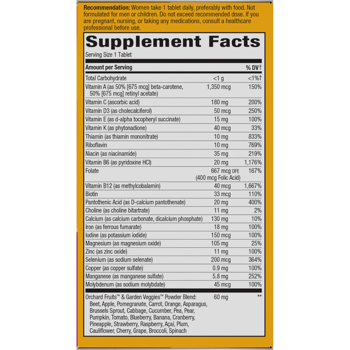 NW711 | Supplement Facts panel listing serving size, vitamins and minerals, and Orchard Fruits & Garden Veggies powder blend