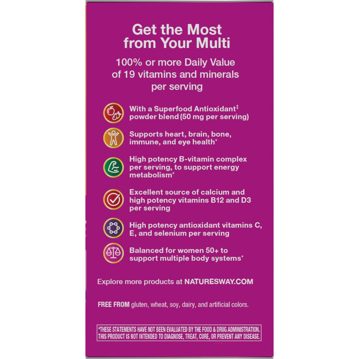 NW1014 | back panel listing benefits and ingredients highlights for a women's 50+ multivitamin on purple packaging