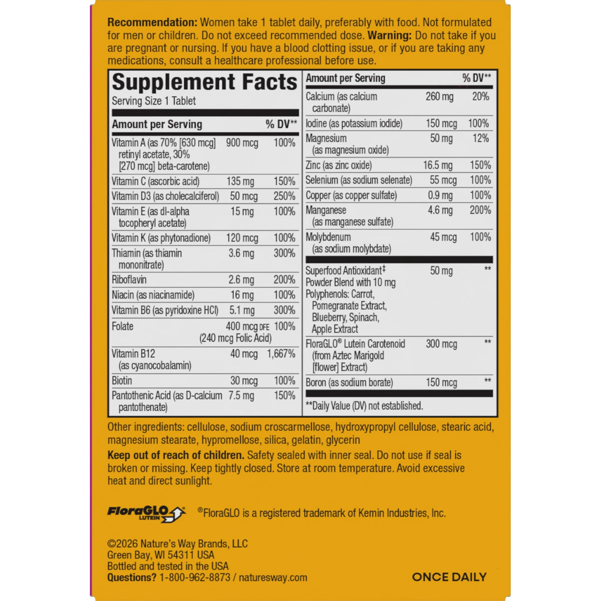 NW1014 | back label showing Supplement Facts panel, dosage recommendation, ingredients and warnings