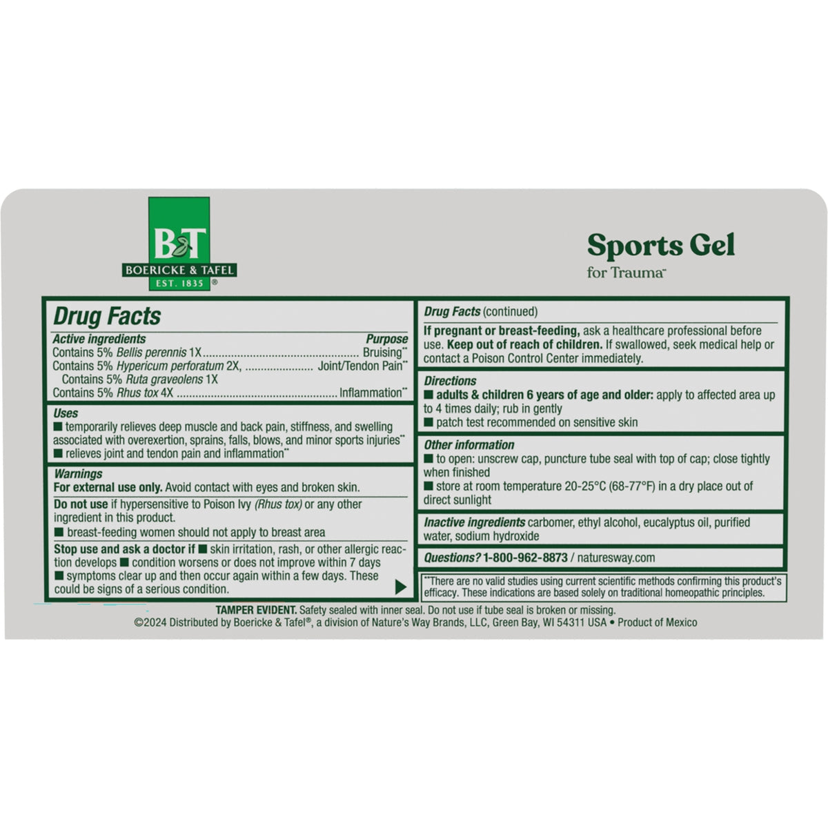 BRK013 | Back panel of Sports Gel packaging showing Drug Facts, active ingredients, directions and warnings