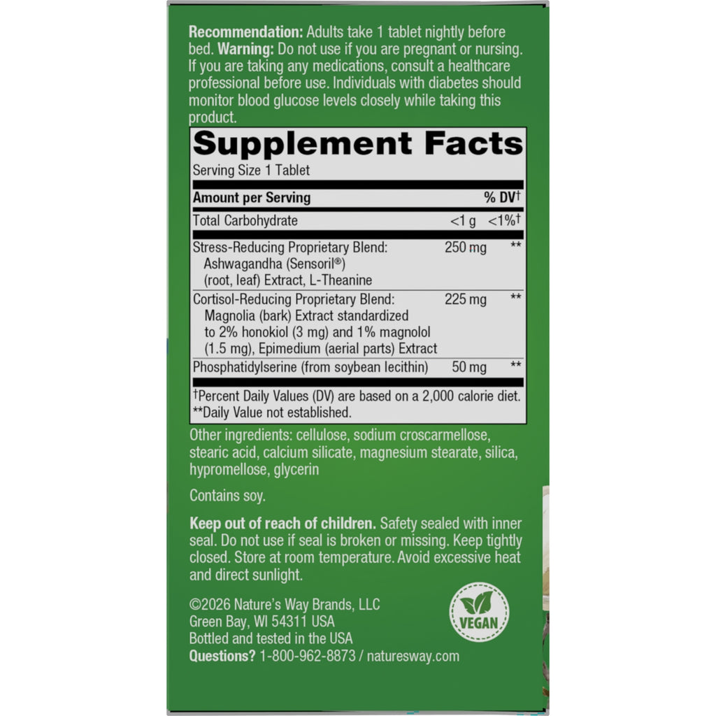Supplement Facts and warnings panel showing Serving Size 1 Tablet, stress- and cortisol-reducing blends, other ingredients, and vegan badge - Thumbnail