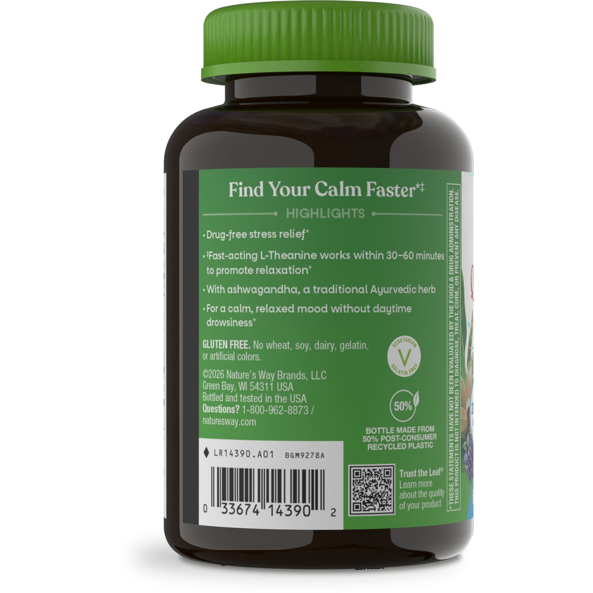 NW1059 | Back of brown supplement bottle with teal label showing product claims, barcode and recycling icons