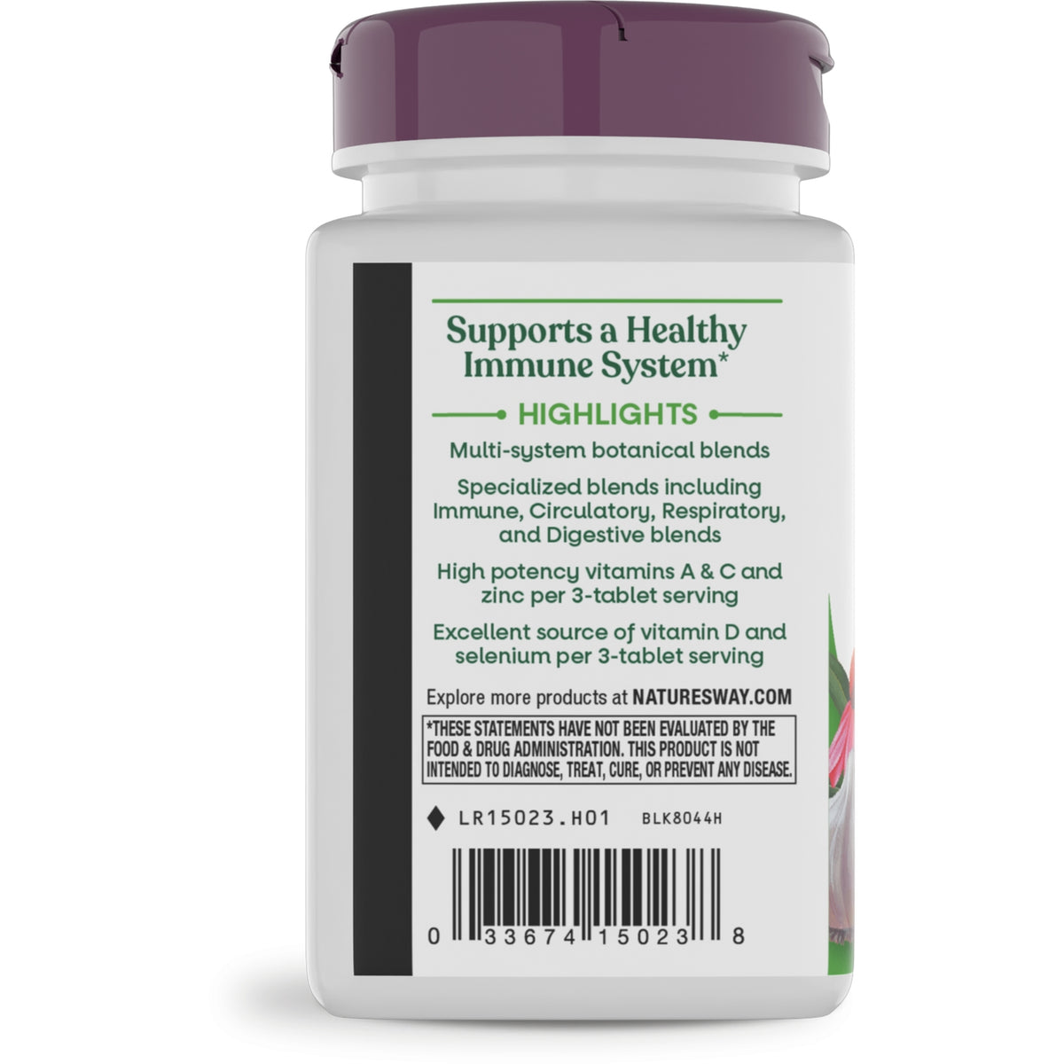 NW574 | bottle back label showing product infographic, warnings, ingredients, and barcode