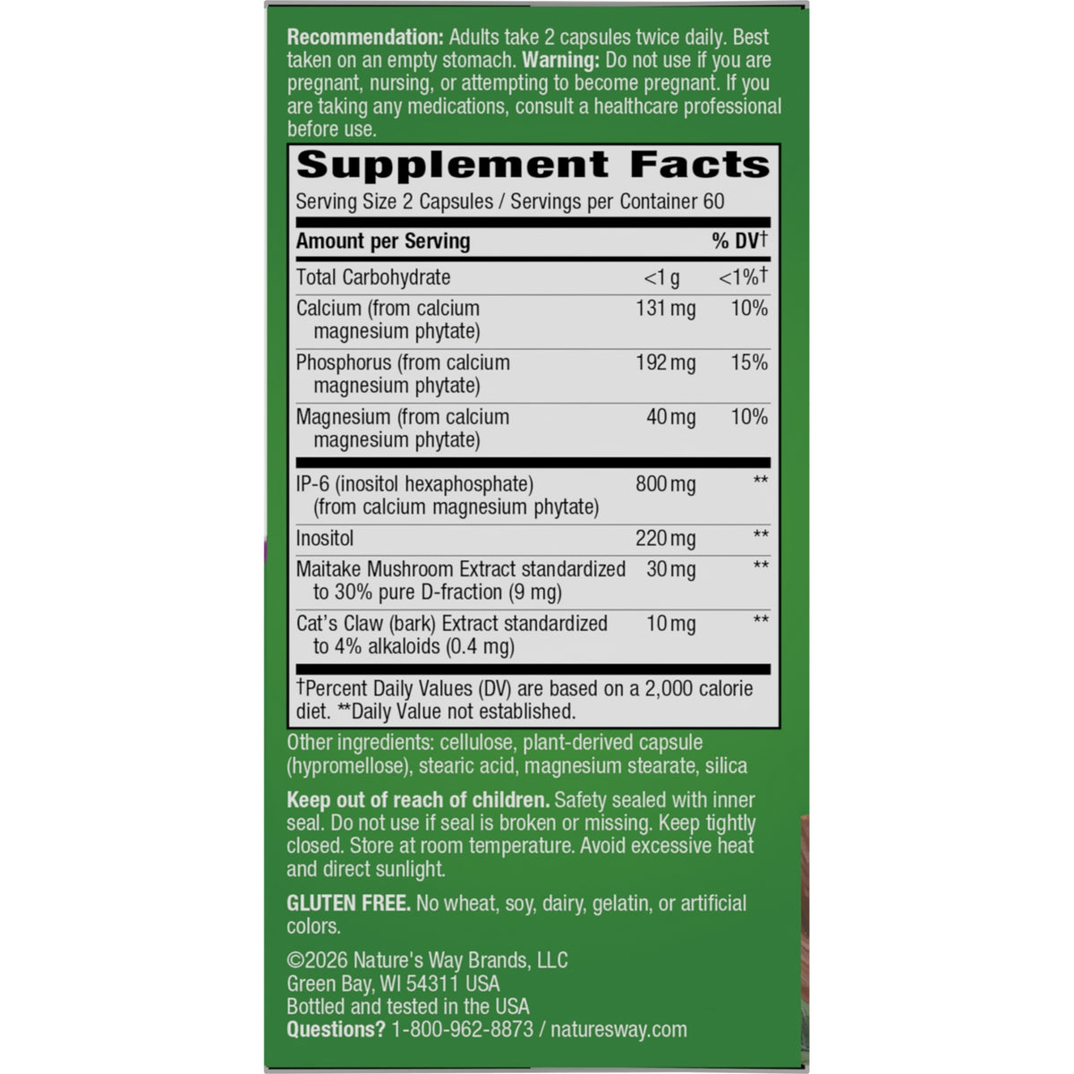 Supplement Facts panel showing serving size 2 capsules, ingredient amounts, warnings and storage instructions