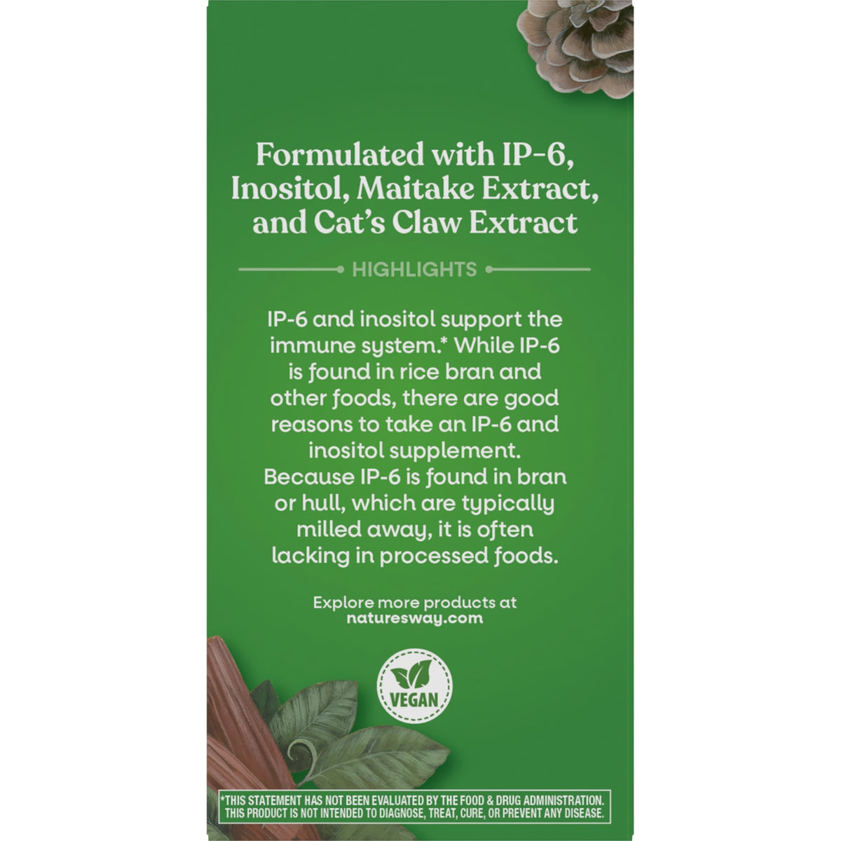 ET263 | Product infographic: specialized immune support blend with IP-6, inositol, maitake mushroom, cat's claw, minerals per 2-capsule serving, vegan badge