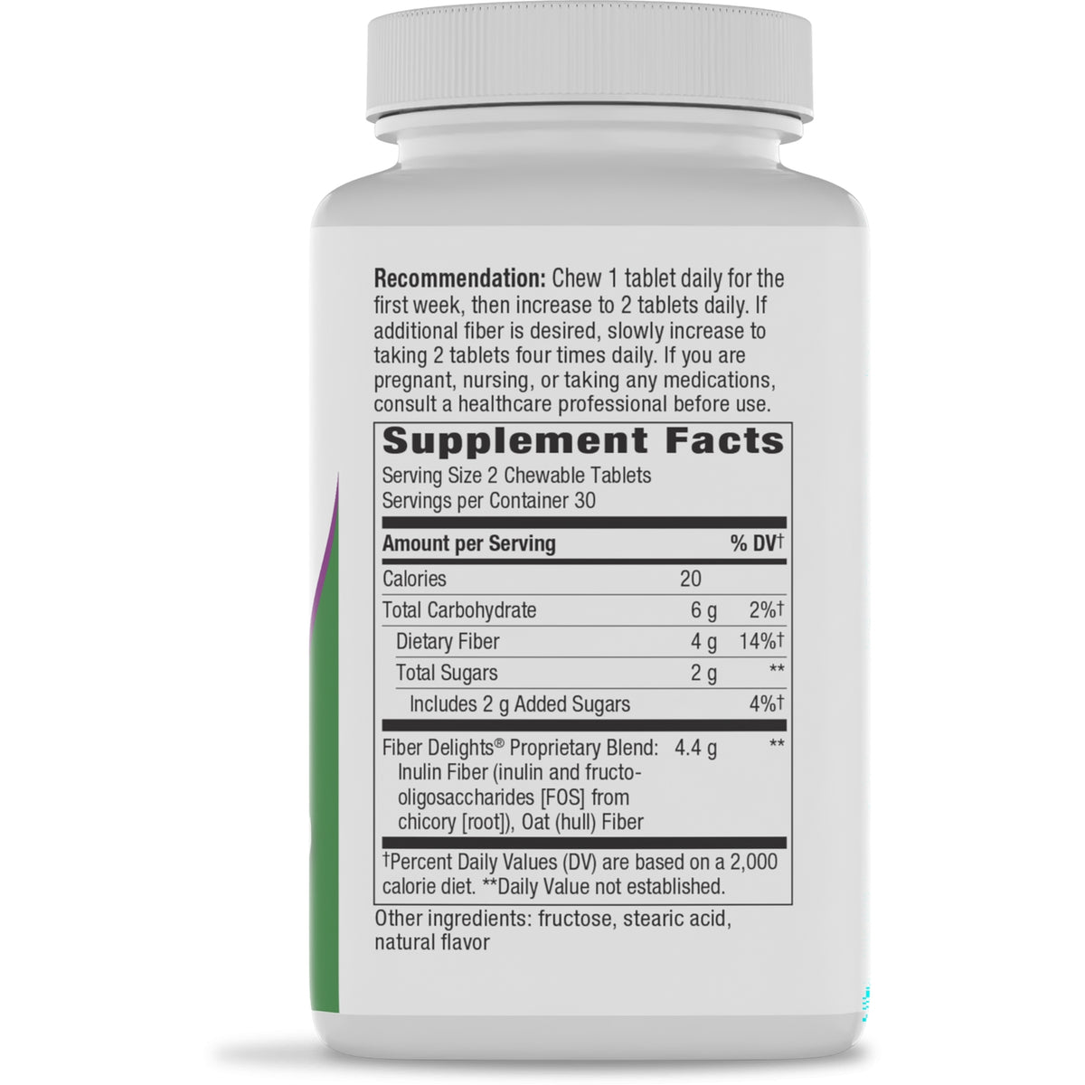 ET421 | Back label of supplement bottle showing Supplement Facts panel with serving size 2 chewable tablets and nutrition info