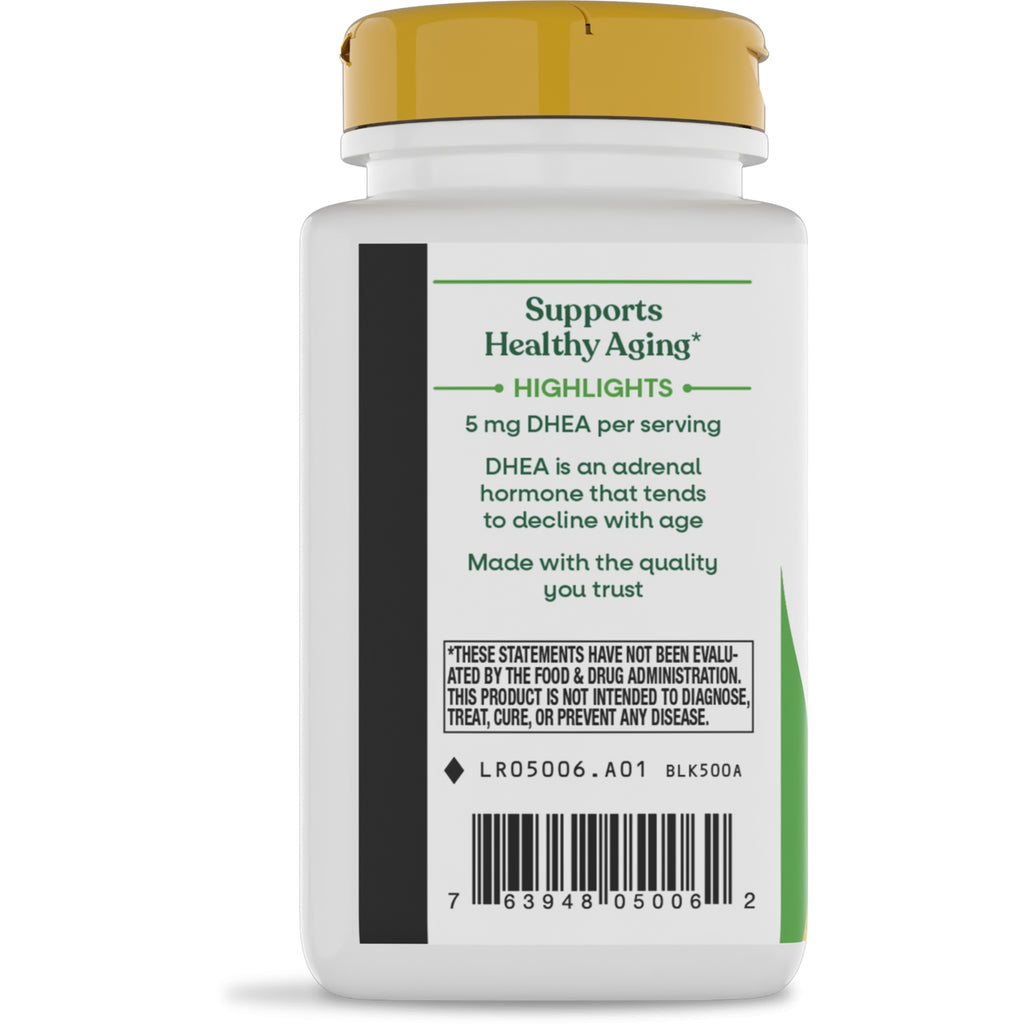 ET438 | Bottle label highlighting 5 mg DHEA per serving and supports healthy aging - Thumbnail