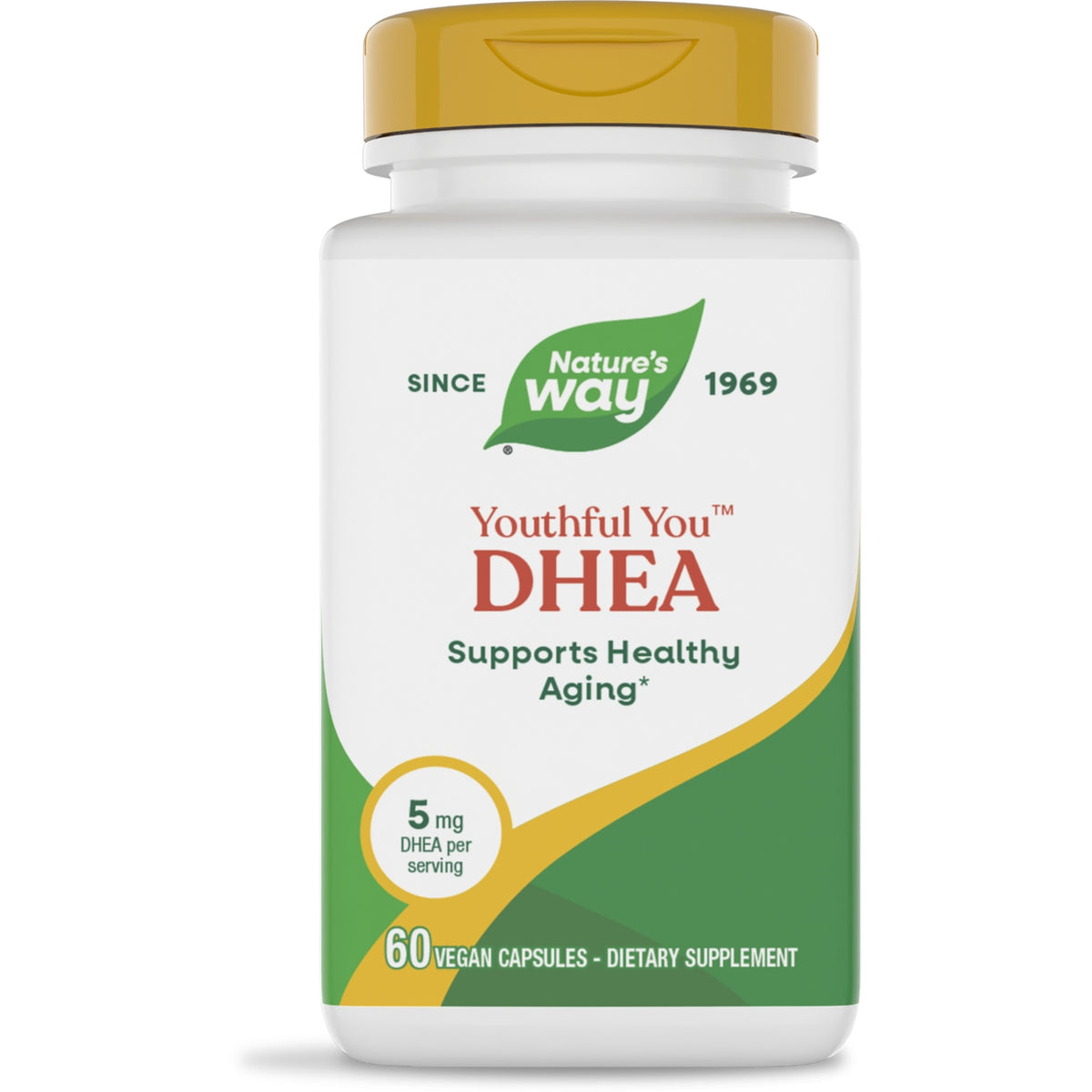 ET438 | Nature's Way Youthful You DHEA 5 MG supplement bottle, 60 vegan capsules