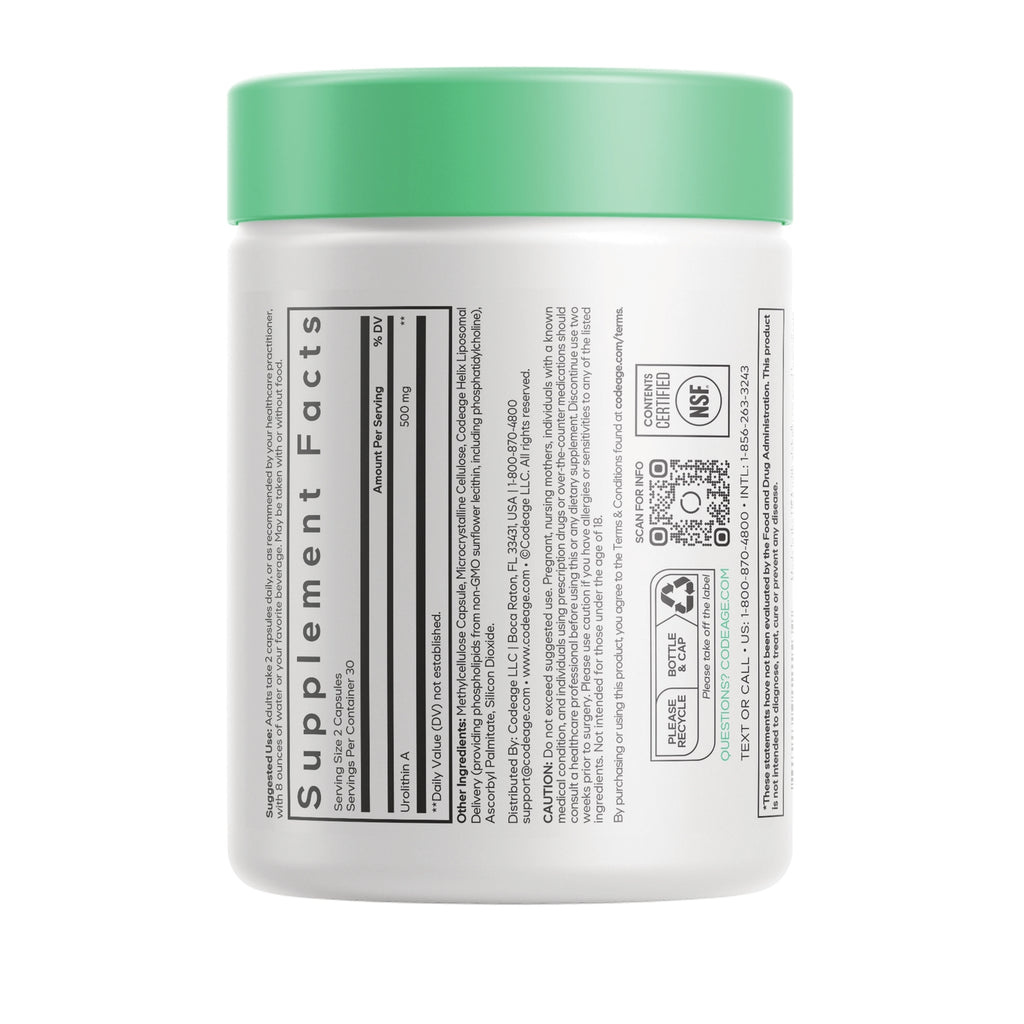 CDG085 | white supplement jar showing back label with Supplement Facts table, QR code, and recycle icons - Thumbnail