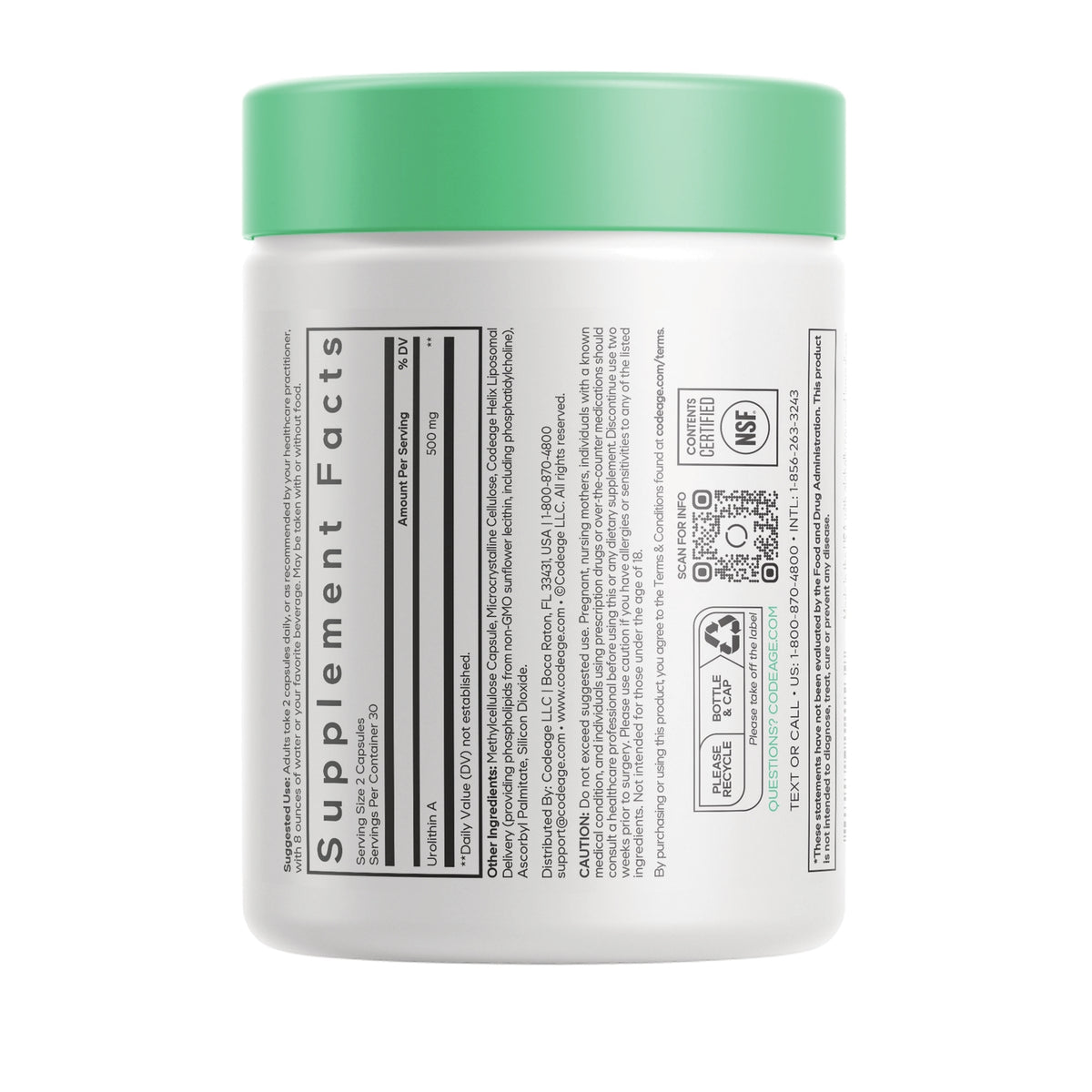 CDG085 | white supplement jar showing back label with Supplement Facts table, QR code, and recycle icons