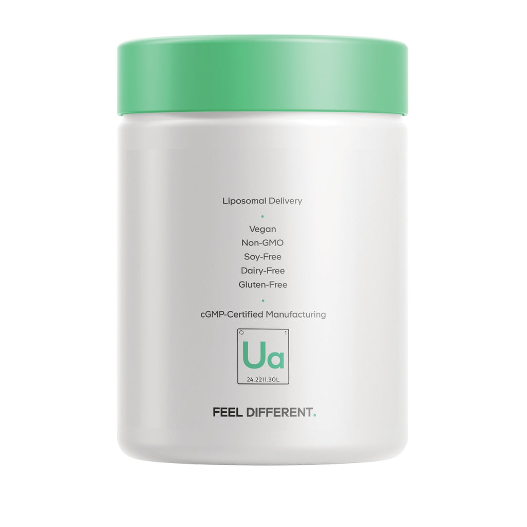 CDG085 | Back label of white supplement jar listing Vegan, Non-GMO, Soy-Free, Dairy-Free, Gluten-Free, cGMP manufacturing and Ua logo - Thumbnail