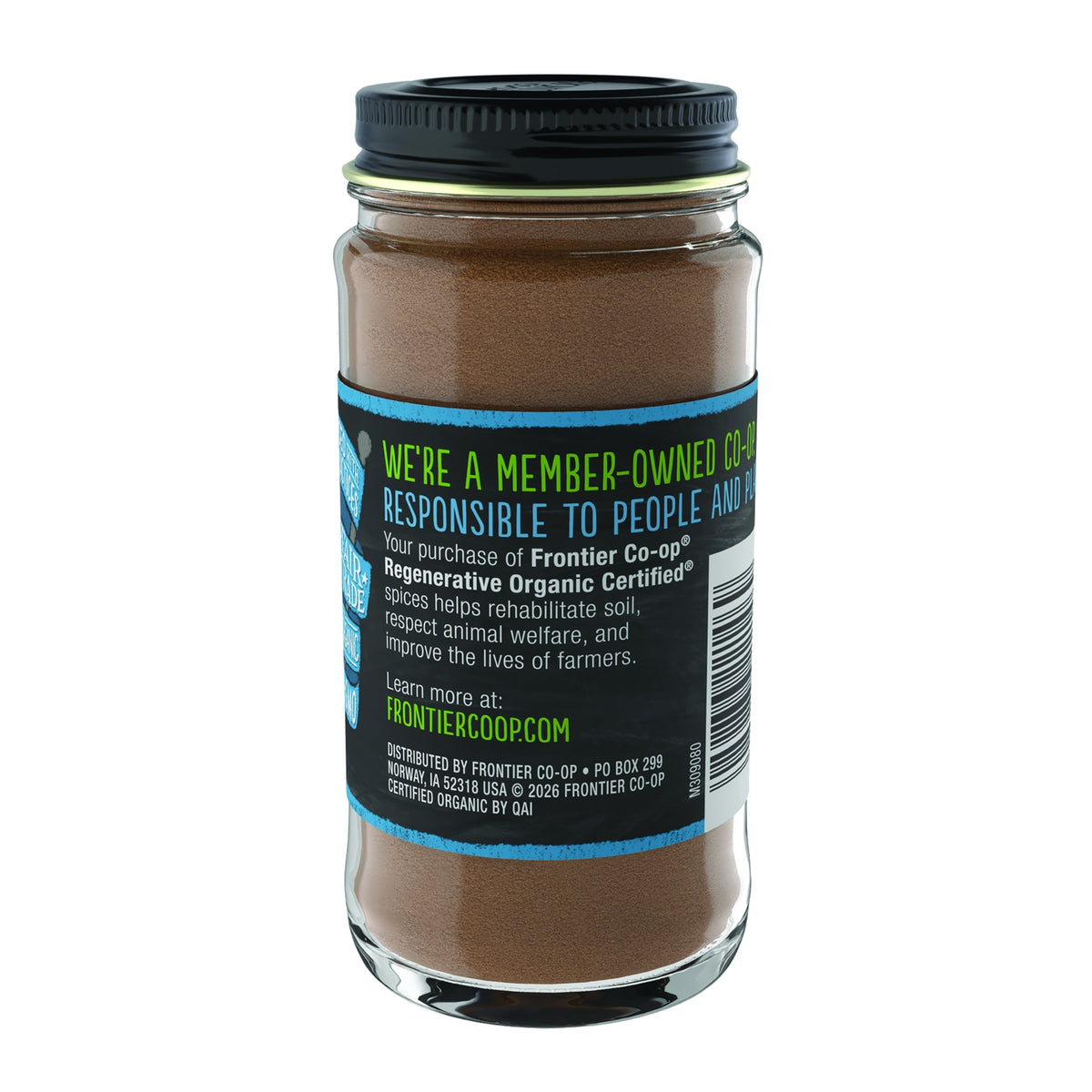 FNP392 | back of glass spice jar label showing Fair Trade info, net wt 1.41 oz