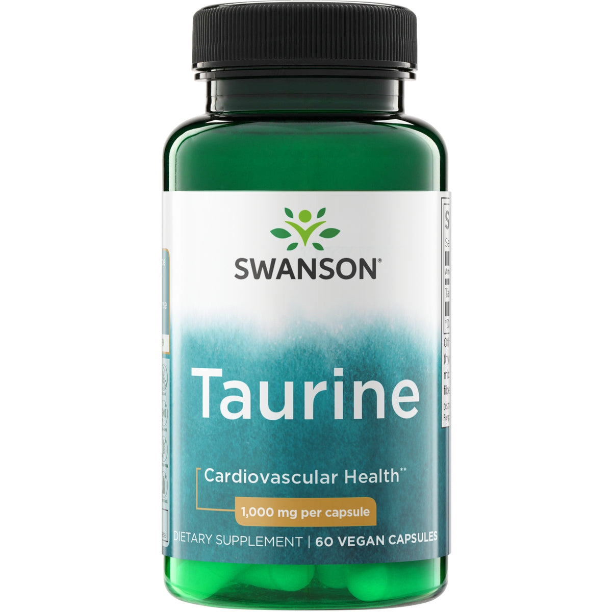 SWU736 | Swanson Taurine supplement bottle, 1,000 mg per capsule, 60 veggie caps, Cardiovascular Health