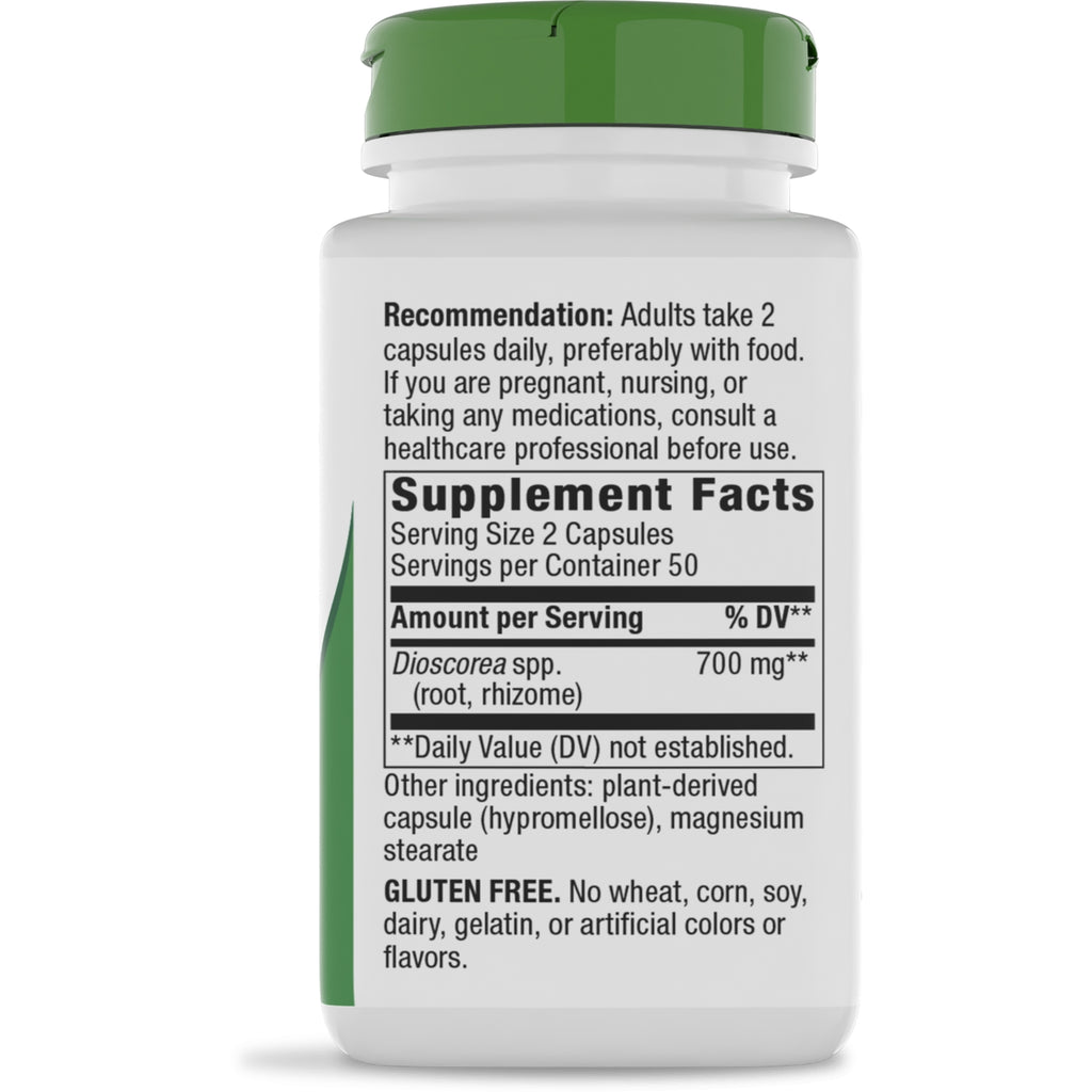 NW274 | back label showing Supplement Facts, serving size 2 capsules, Wild Yam 700 mg, gluten free note - Thumbnail