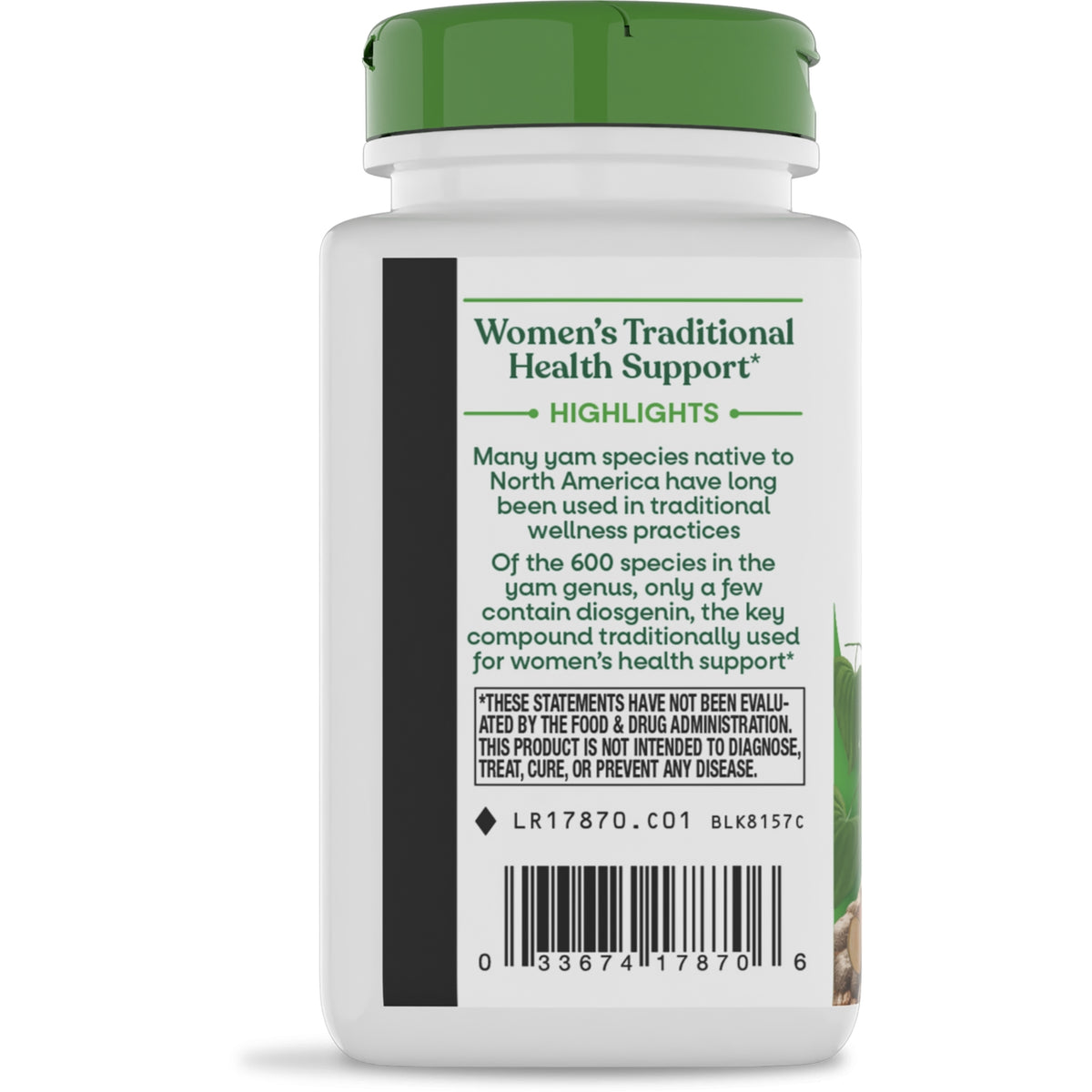 NW274 | Back of white supplement bottle labeled Women's Traditional Health Support highlights with small text and barcode