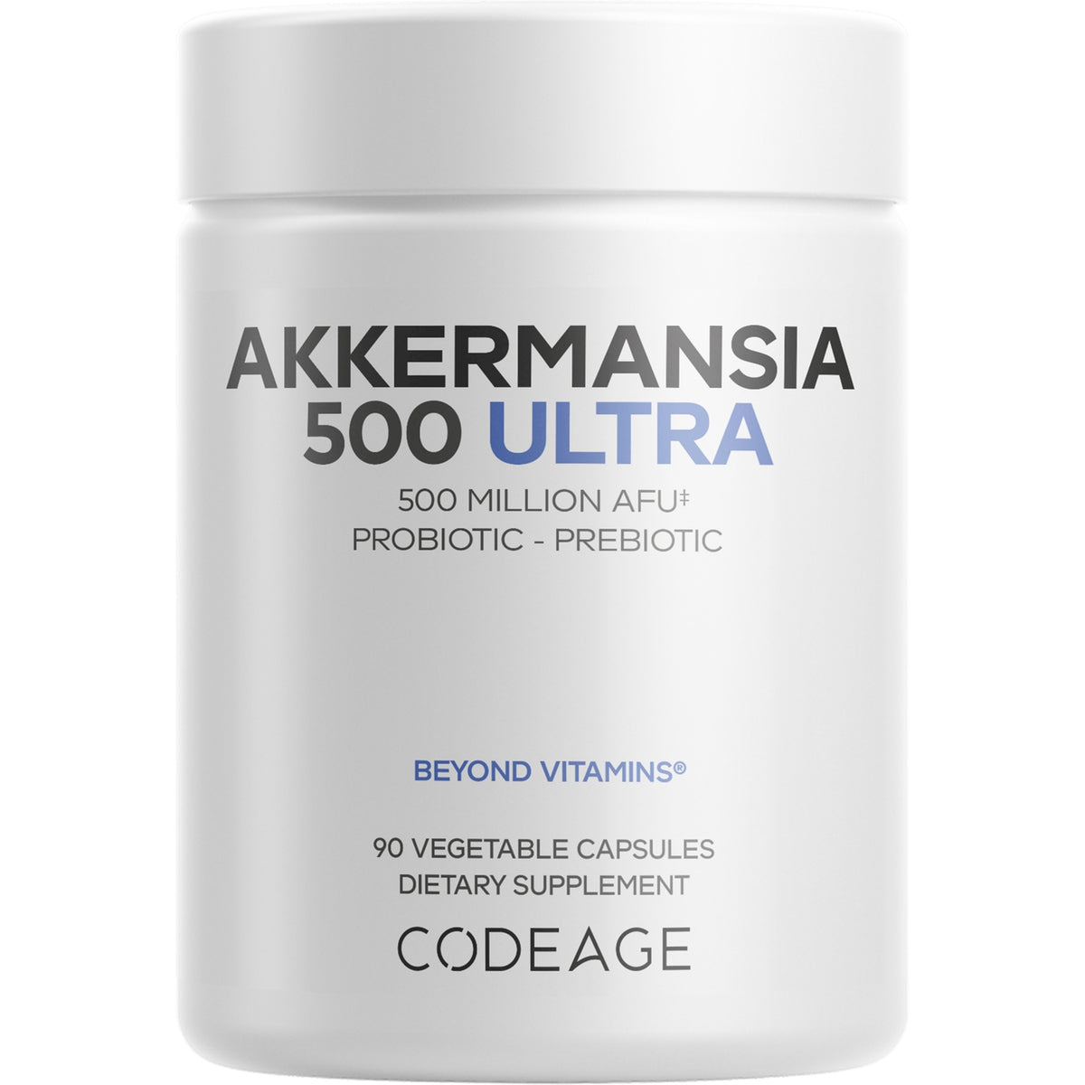 CDG005 | White supplement bottle labeled AKKERMANSIA 500 ULTRA, 90 vegetable capsules, Codeage