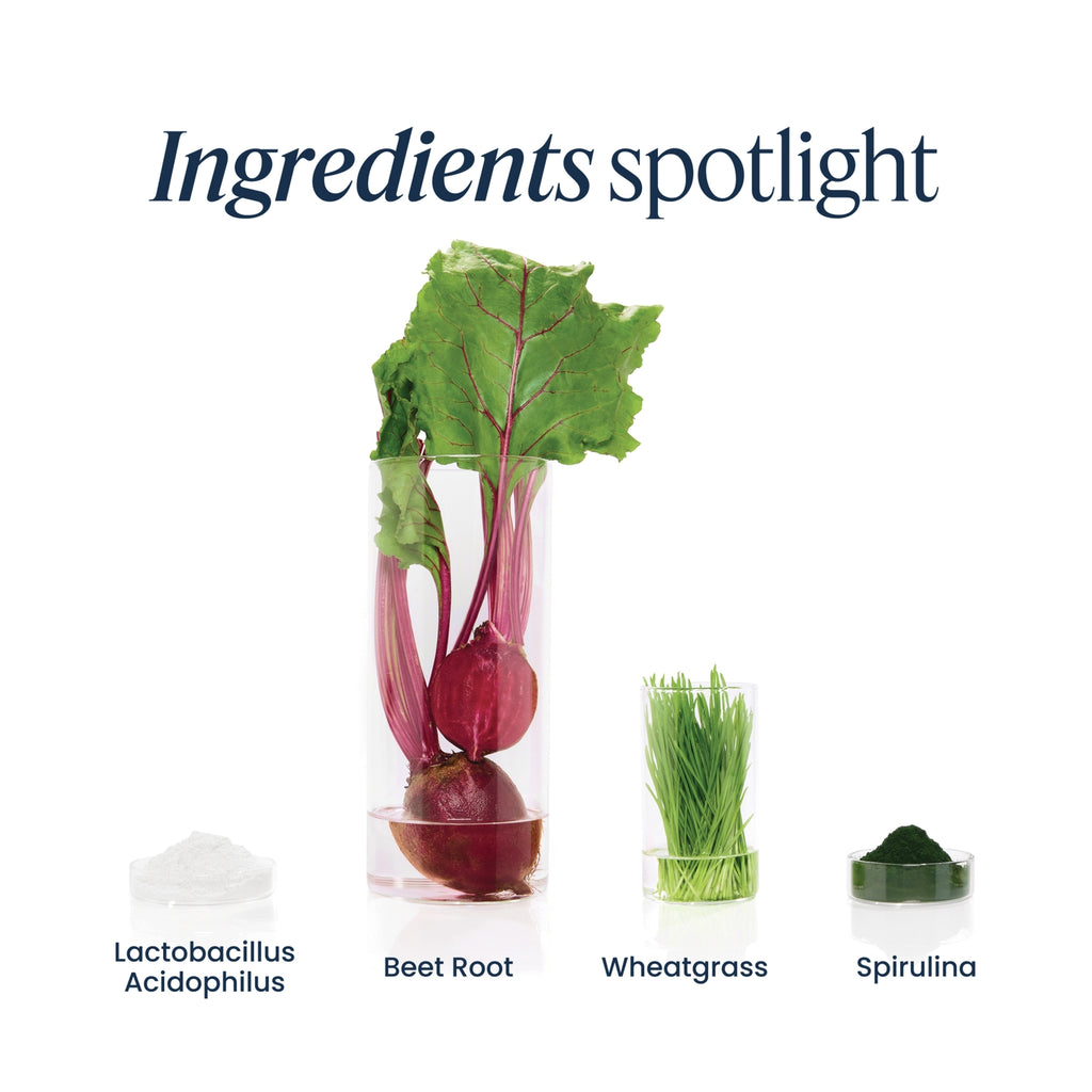 VH041 | Ingredients spotlight showing Lactobacillus Acidophilus, beet root, wheatgrass, and spirulina - Thumbnail