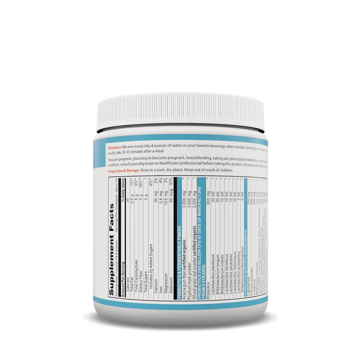 VH042 | Supplement facts label on a white powder supplement jar showing directions and ingredients