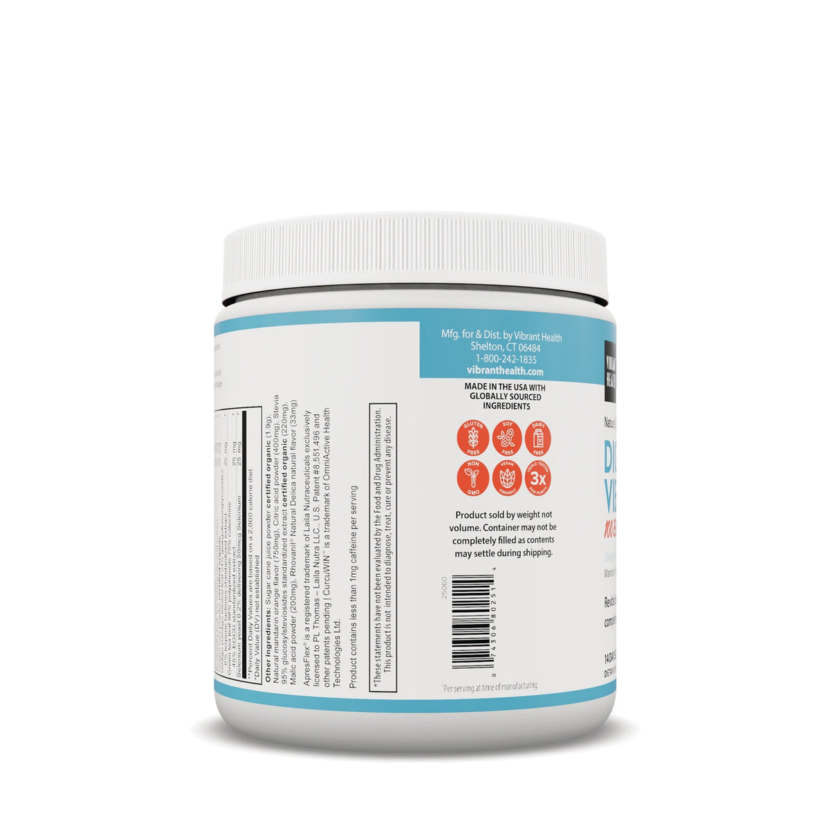 VH042 | Vibrant Health supplement jar back label with ingredients, warnings, barcode, and certification icons
