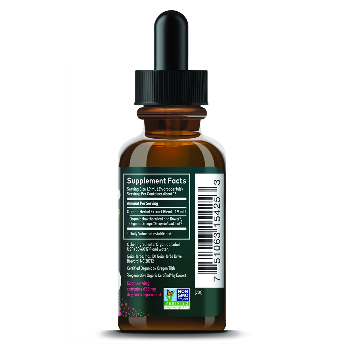 GH178 | Supplement Facts label on amber dropper bottle of organic herbal extract blend