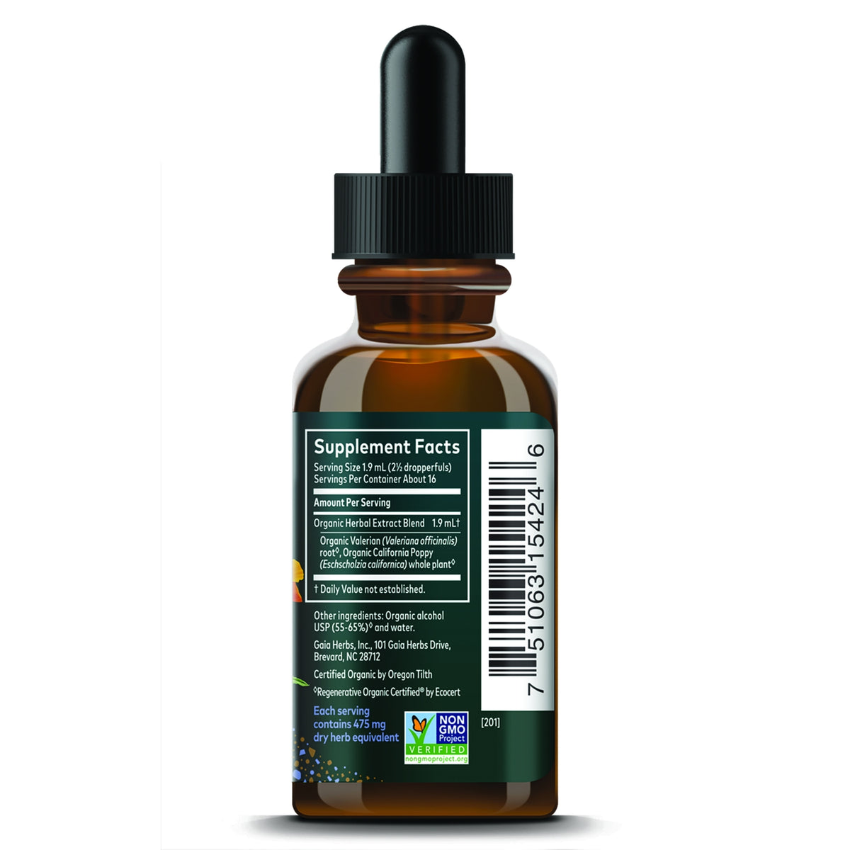 GH179 | Supplement facts panel on amber dropper bottle with barcode and Non-GMO Project Verified seal