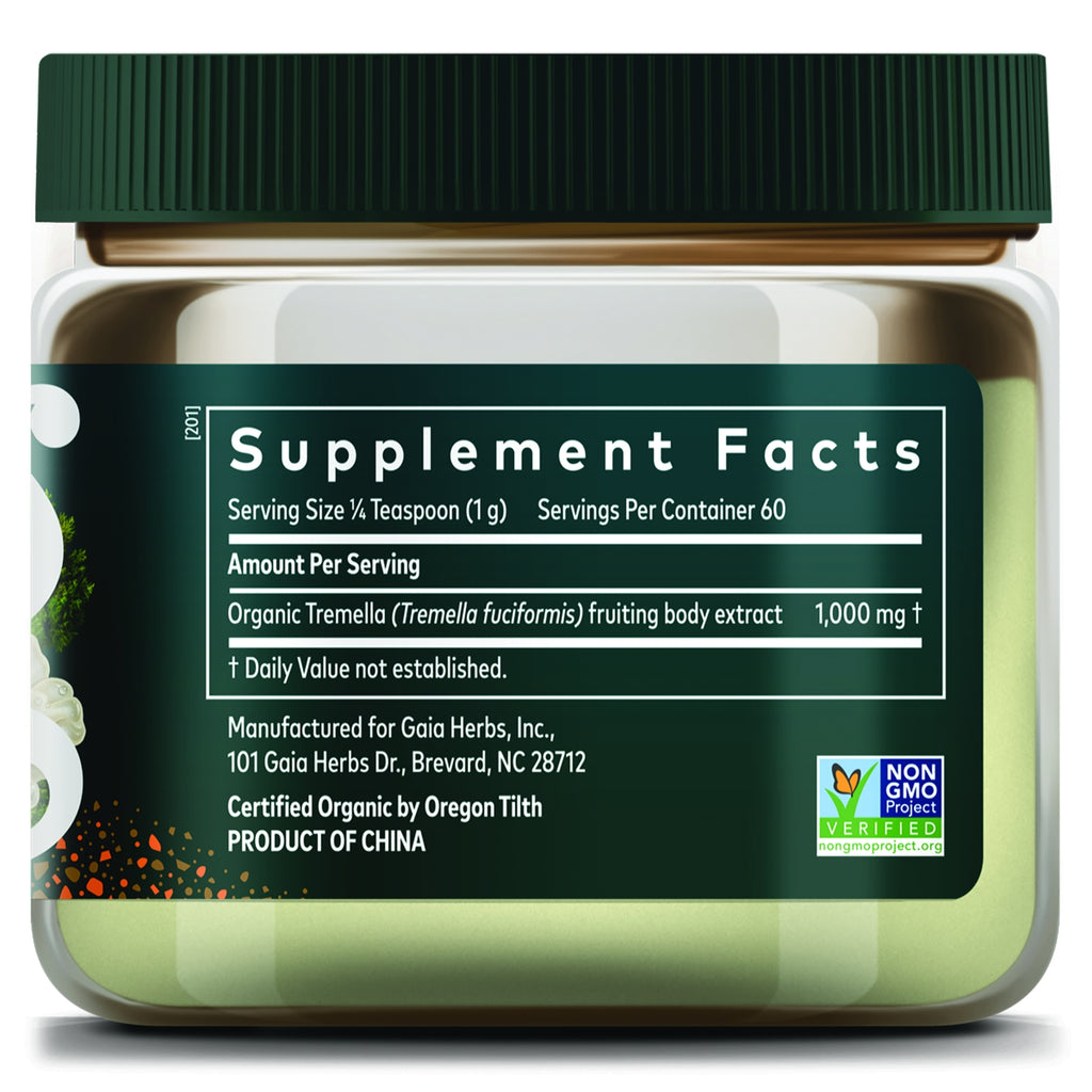 GH180 | Supplement Facts panel for Gaia Herbs Organic Tremella mushroom extract with Non-GMO Project Verified seal - Thumbnail