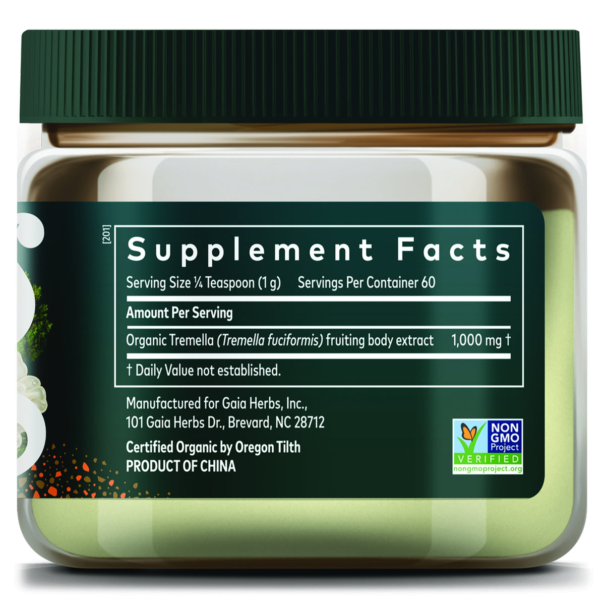 GH180 | Supplement Facts panel for Gaia Herbs Organic Tremella mushroom extract with Non-GMO Project Verified seal