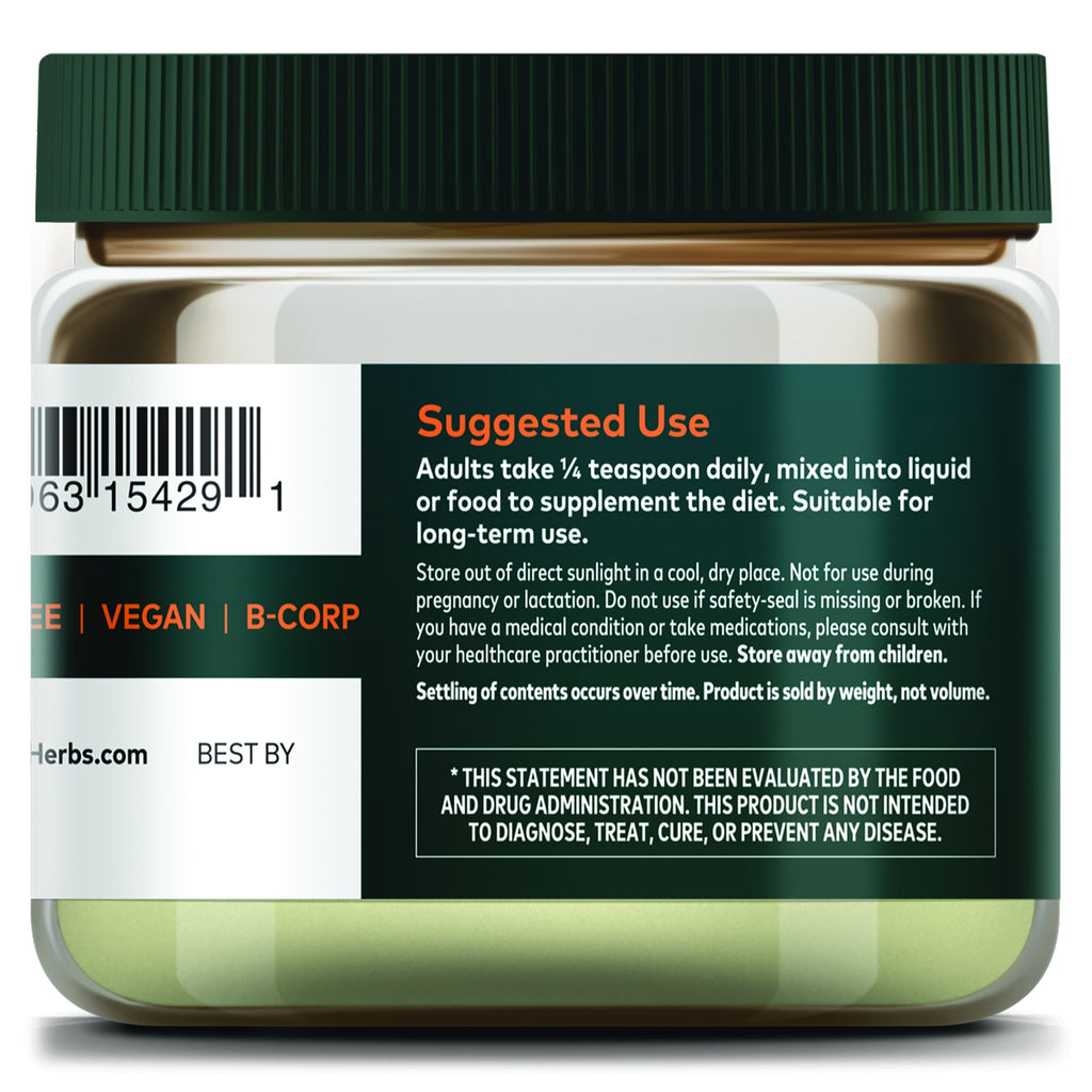 GH180 | Supplement jar label with suggested use, barcode, vegan and B-Corp icons - Thumbnail
