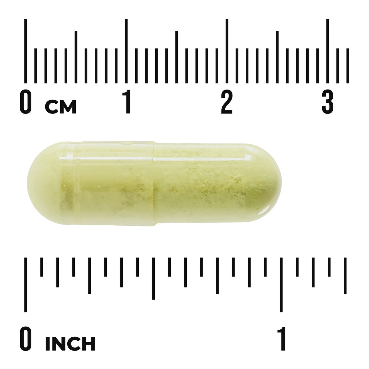 SW1671 | yellow capsule pill between rulers marked CM and INCH to show size