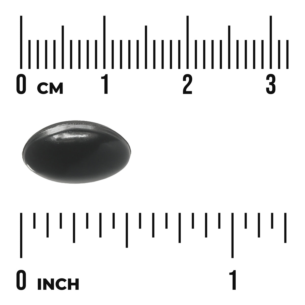 SWU730 | Black softgel capsule with size reference, shown with cm and inch rulers